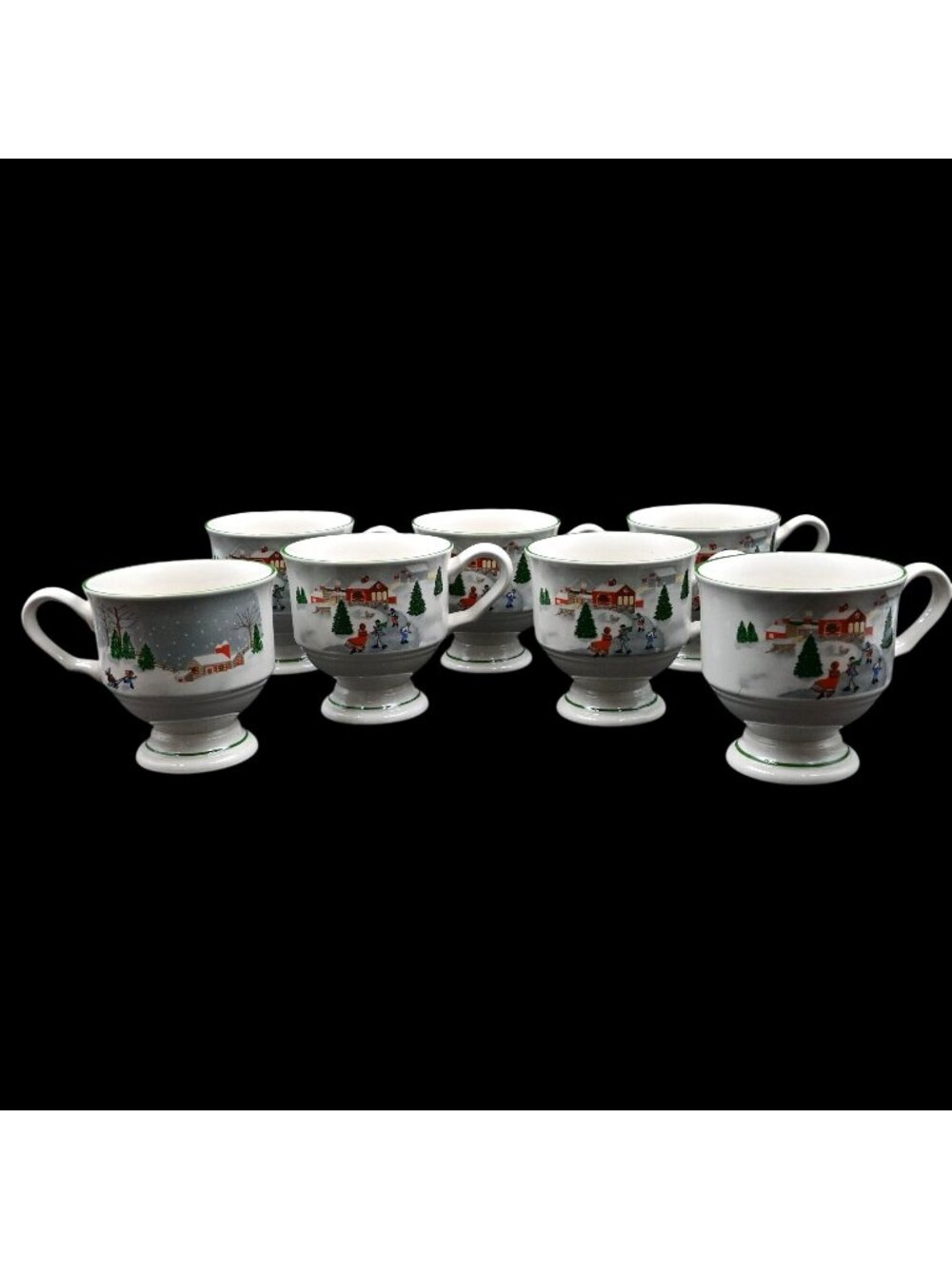 Sango Silent Night Footed Pedestal Mugs Set Of 7 Winter Village Scene Cups